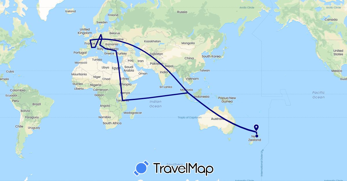 TravelMap itinerary: driving in Czech Republic, Germany, Egypt, France, Croatia, Italy, Monaco, New Zealand, Singapore, Turkey, Tanzania (Africa, Asia, Europe, Oceania)